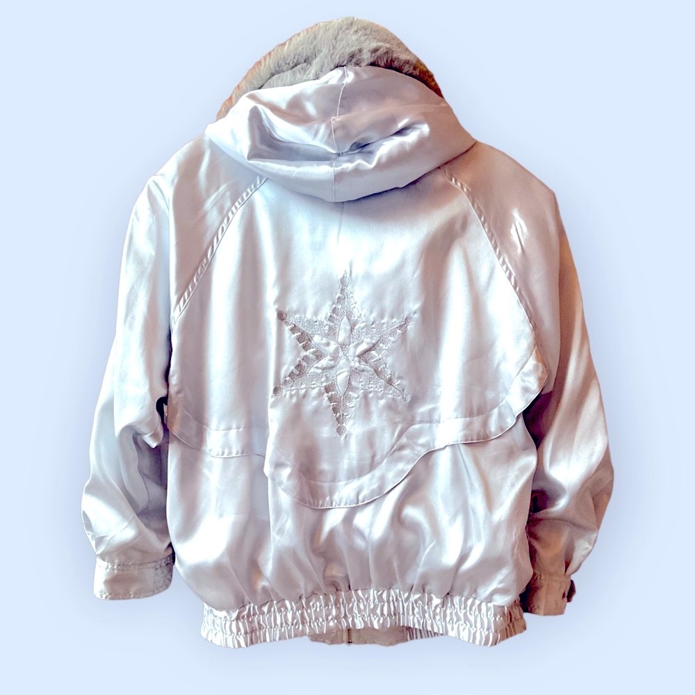 Silky Silver Snowflake Winter Jacket with Faux Fur Hood Medium